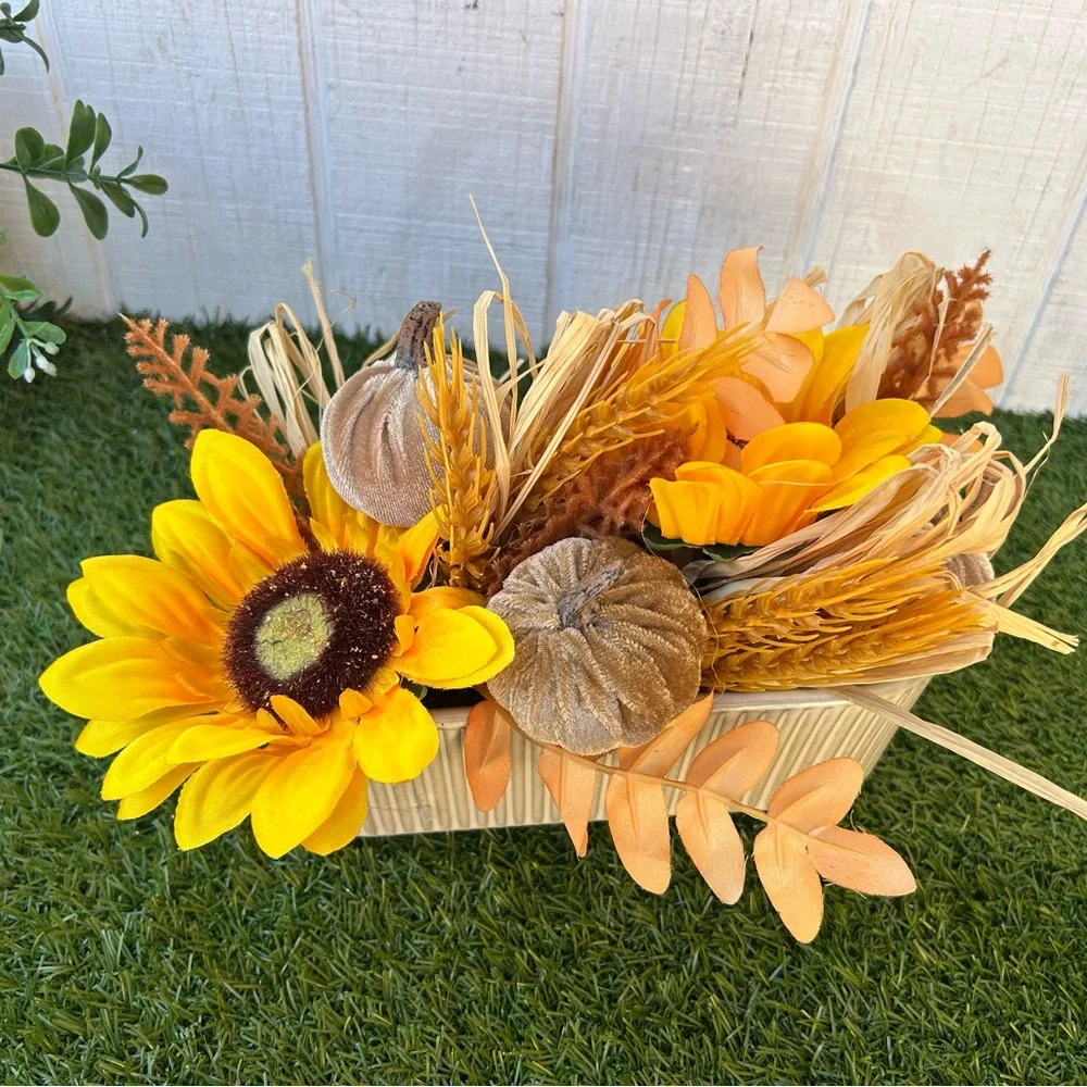 Sunflower and Pumpkin Centerpiece with ivory ceramic vase new